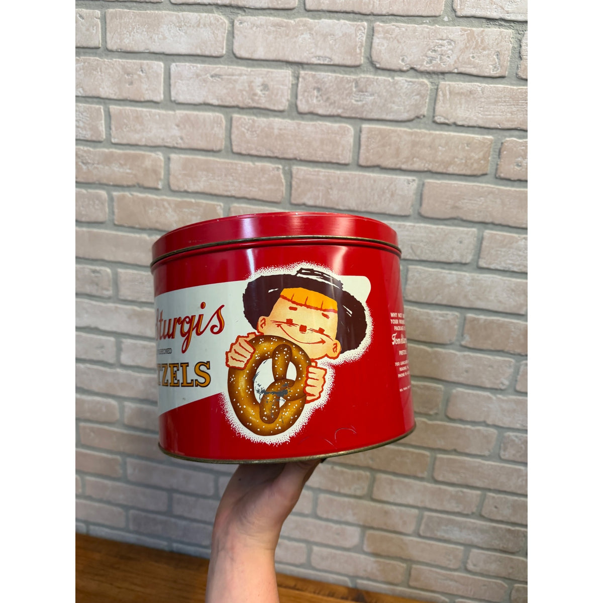 Vintage Tom Sturgis Pretzel Tin Can Canister with Lid Reading PA Advertising