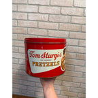 Vintage Tom Sturgis Pretzel Tin Can Canister with Lid Reading PA Advertising