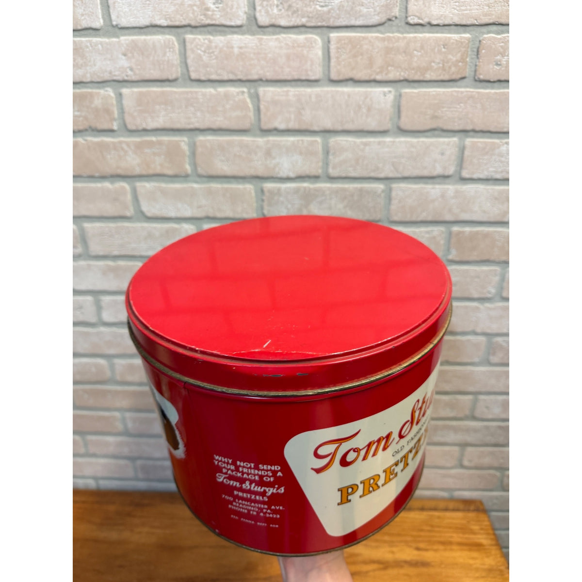Vintage Tom Sturgis Pretzel Tin Can Canister with Lid Reading PA Advertising