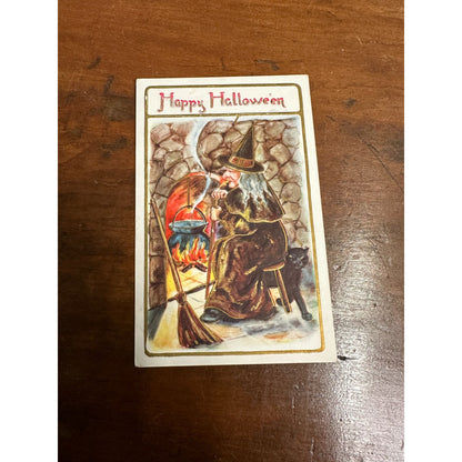 Vintage 1900s Happy Hallowen Postcard Embossed Witch Black Cat Cauldron Fire