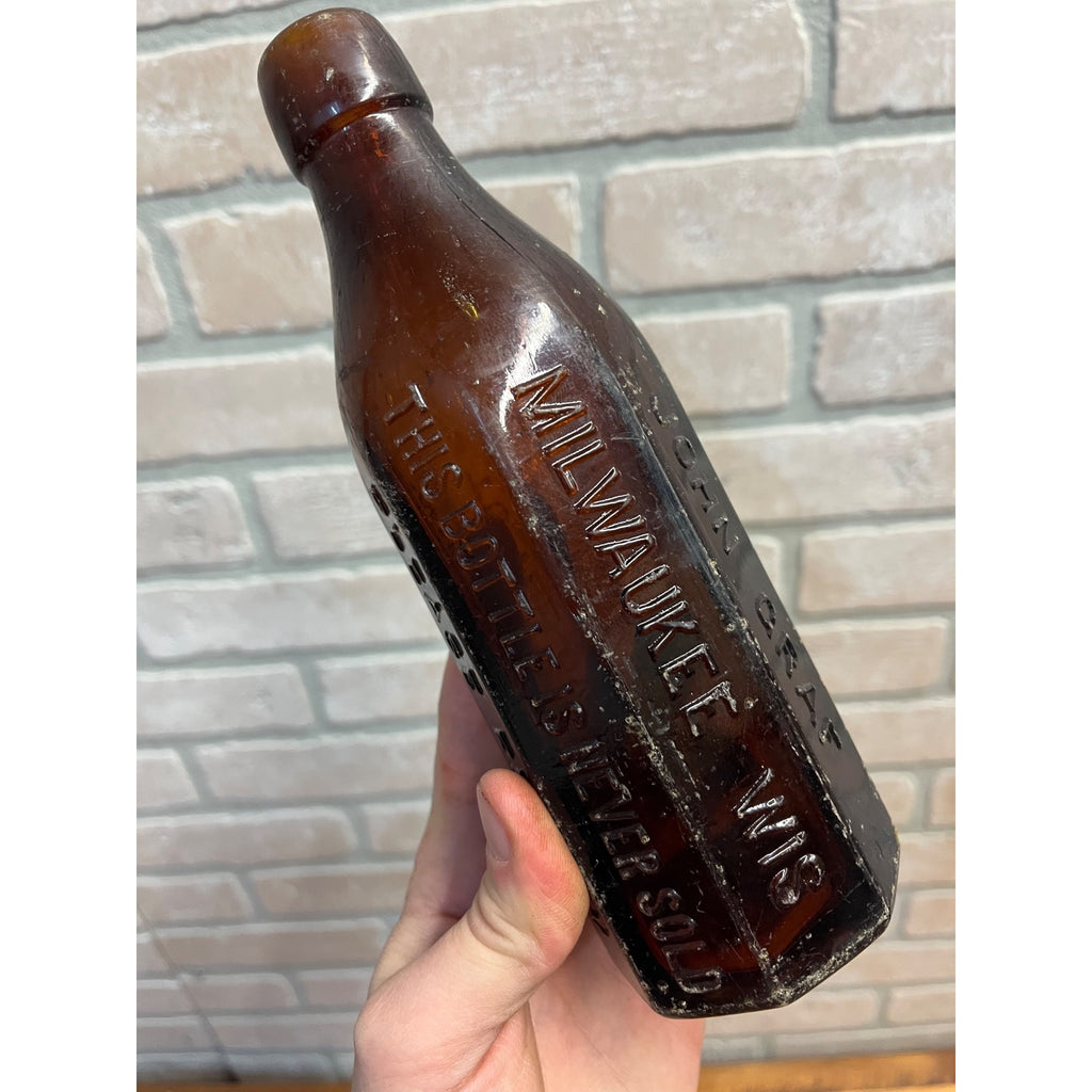 John John Graf c1880s Milwaukee Wis Amber Brown Panel Soda Bottle Blob Top