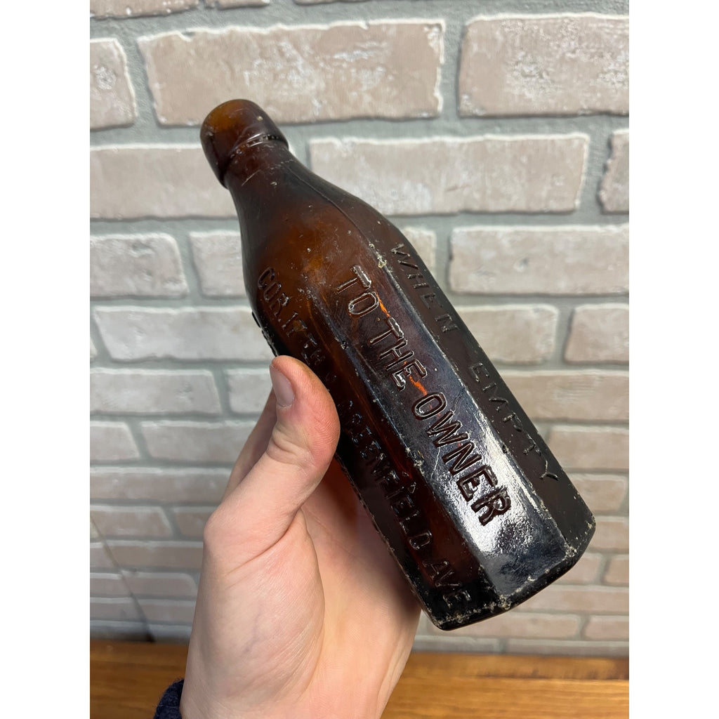 John John Graf c1880s Milwaukee Wis Amber Brown Panel Soda Bottle Blob Top