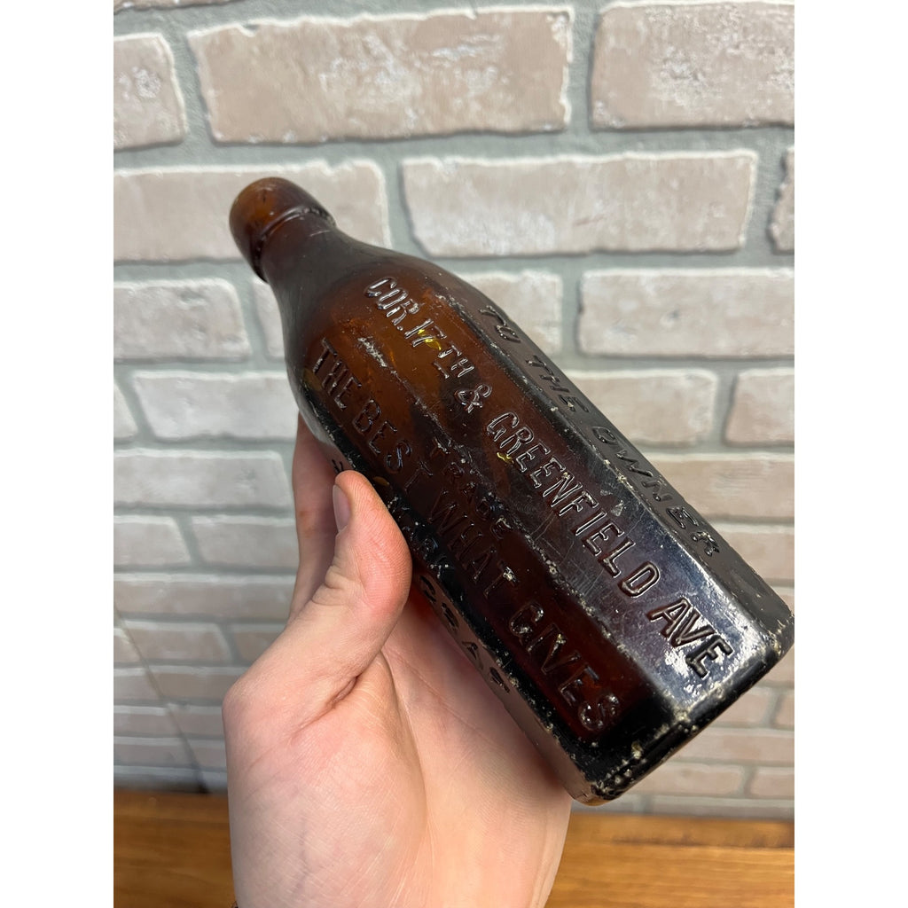 John John Graf c1880s Milwaukee Wis Amber Brown Panel Soda Bottle Blob Top