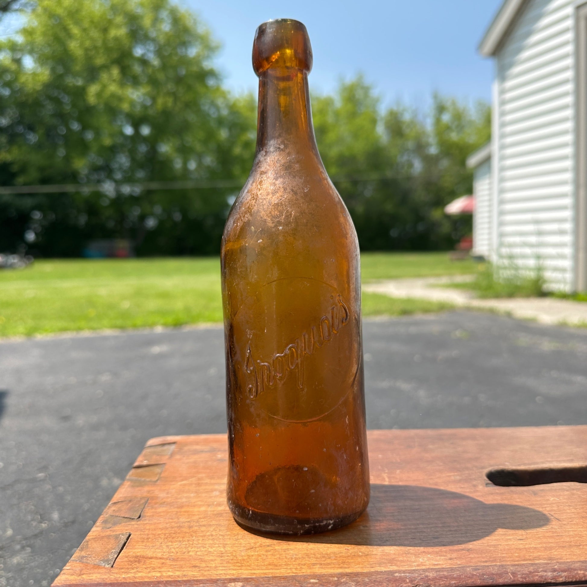 Antique Amber Iroquois Beer Bottle Slug Plate Lancaster Blob Top