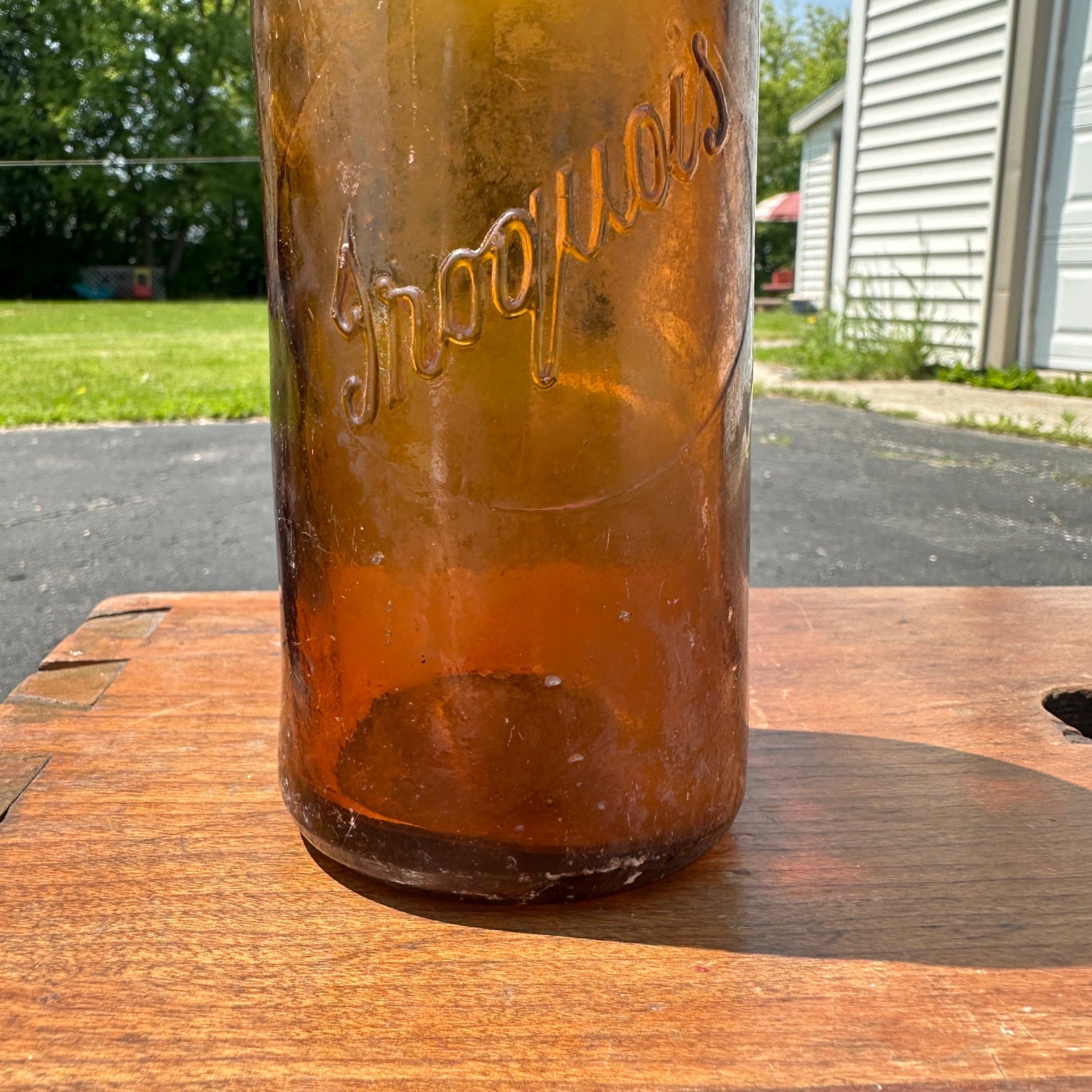 Antique Amber Iroquois Beer Bottle Slug Plate Lancaster Blob Top