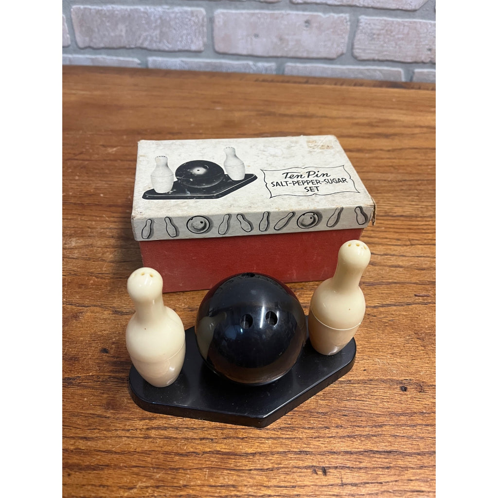 Vintage 1950s Ten Pin Bowling Salt & Pepper Shakers with Box - Plastic