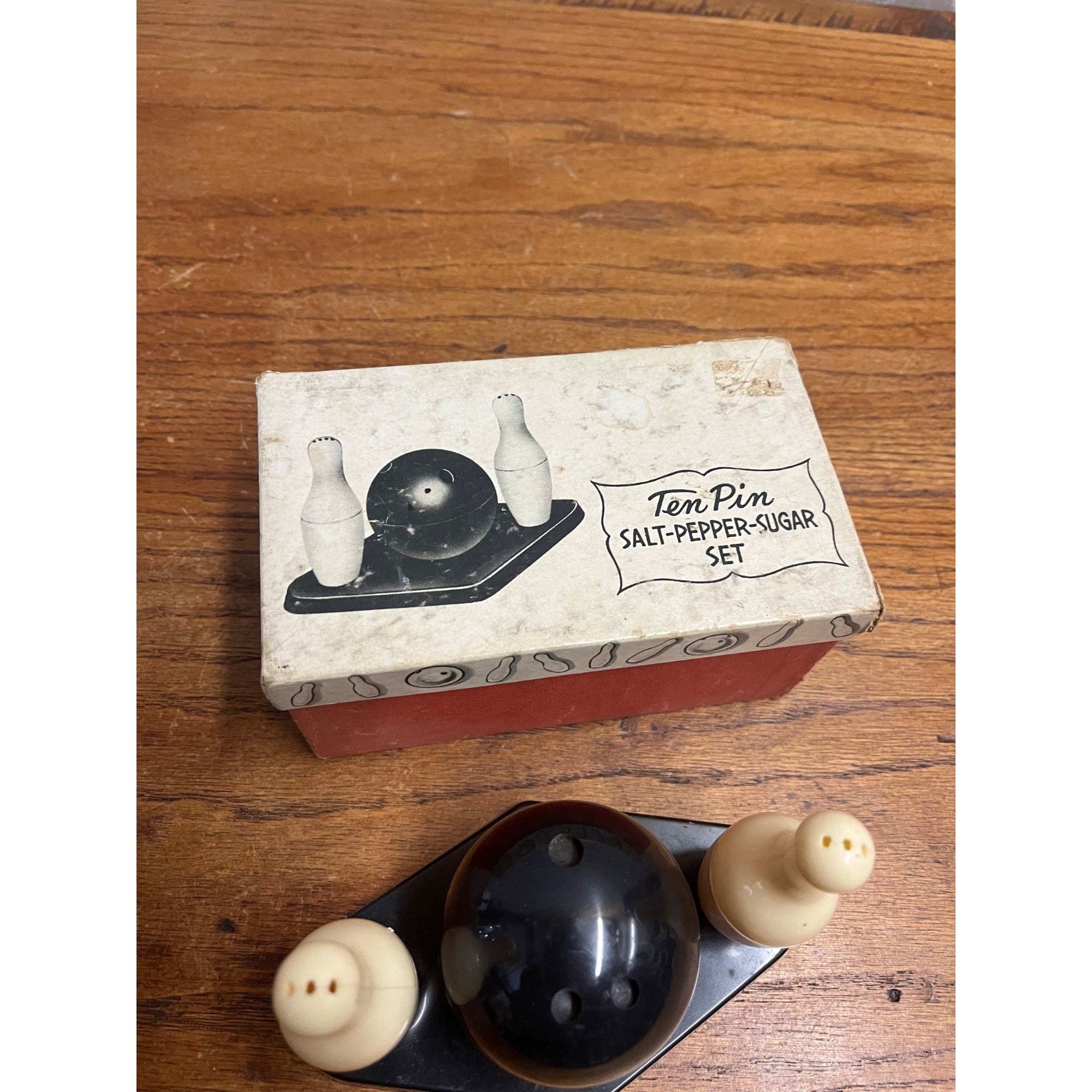 Vintage 1950s Ten Pin Bowling Salt & Pepper Shakers with Box - Plastic