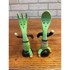Vintage Anthropomorphic Running Fork and Spoon Ceramic Salt & Pepper Shaker Set Mid-Century Japan