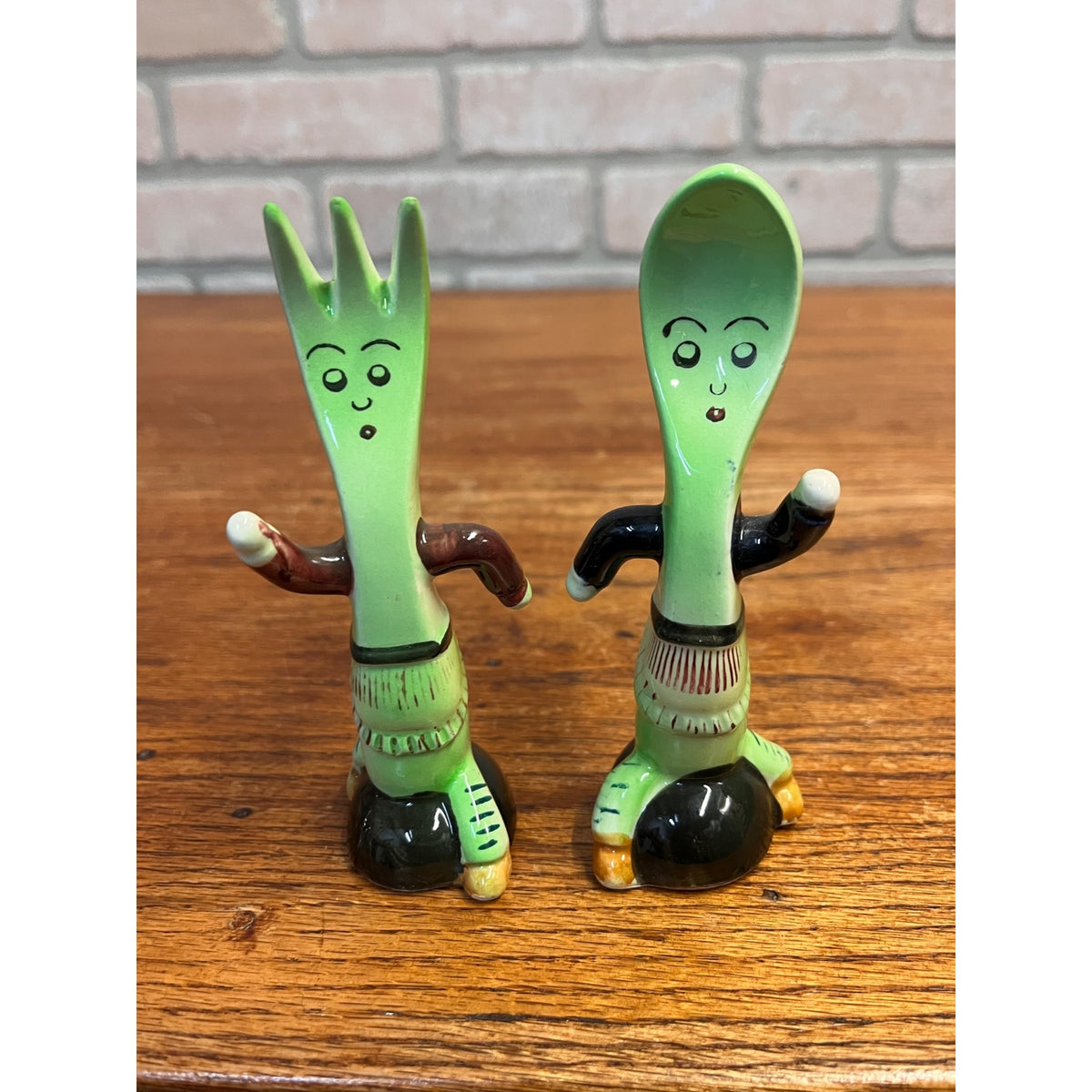 Vintage Anthropomorphic Running Fork and Spoon Ceramic Salt & Pepper Shaker Set Mid-Century Japan