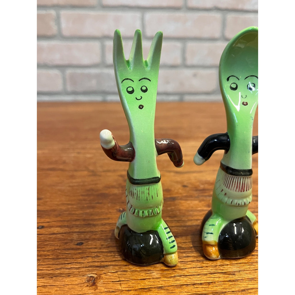 Vintage Anthropomorphic Running Fork and Spoon Ceramic Salt & Pepper Shaker Set Mid-Century Japan