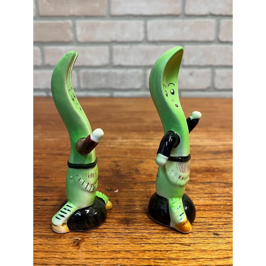 Vintage Anthropomorphic Running Fork and Spoon Ceramic Salt & Pepper Shaker Set Mid-Century Japan