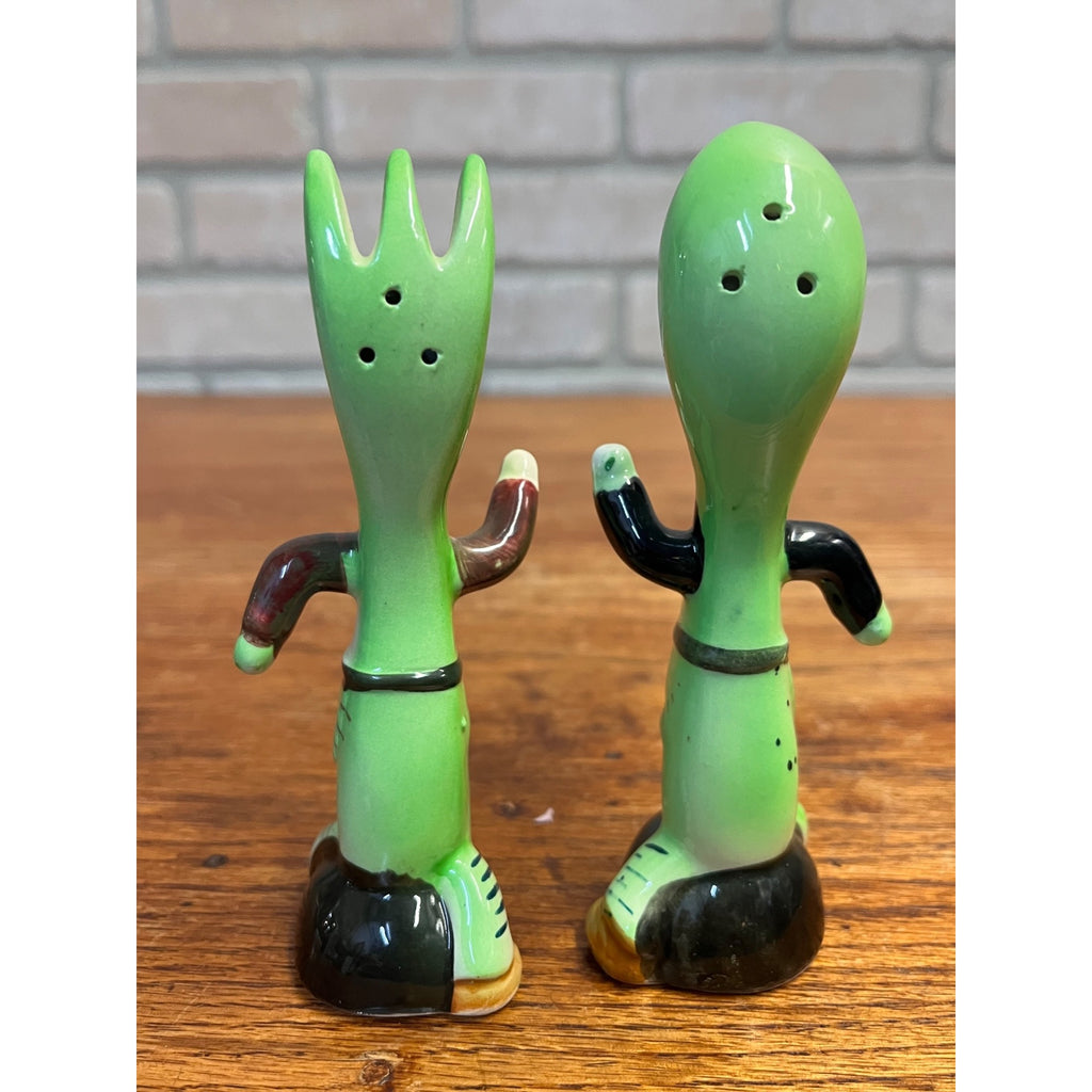 Vintage Anthropomorphic Running Fork and Spoon Ceramic Salt & Pepper Shaker Set Mid-Century Japan