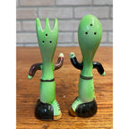Vintage Anthropomorphic Running Fork and Spoon Ceramic Salt & Pepper Shaker Set Mid-Century Japan