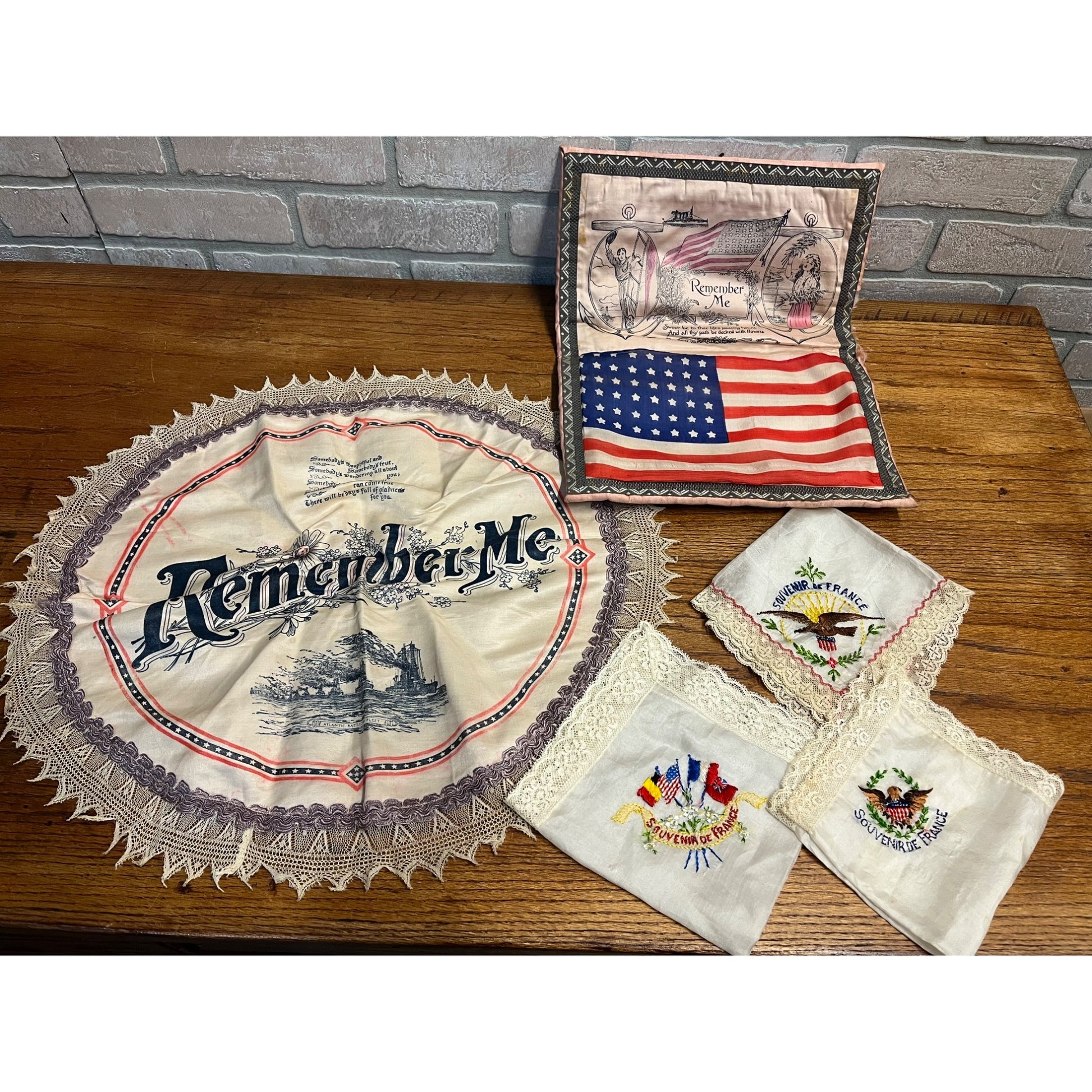 Vintage WW1 Sweetheart Remember Me Pillow Case Letter Pouch w/ Hankerchiefs