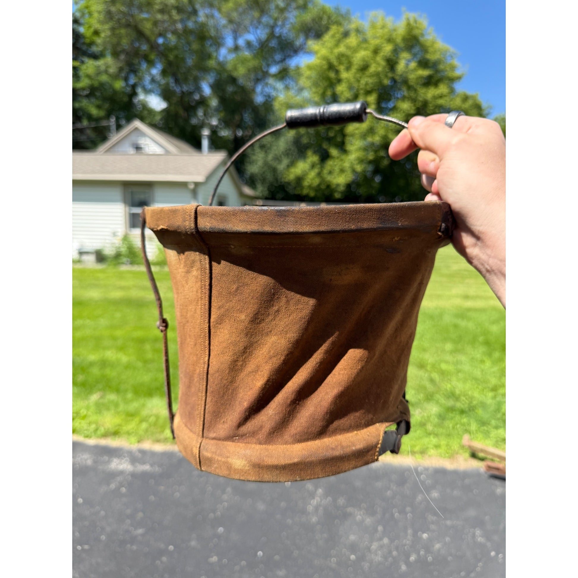 Early Antique Primitive Canvas Horse Water Bucket Pail w/ Bail Wood Handle