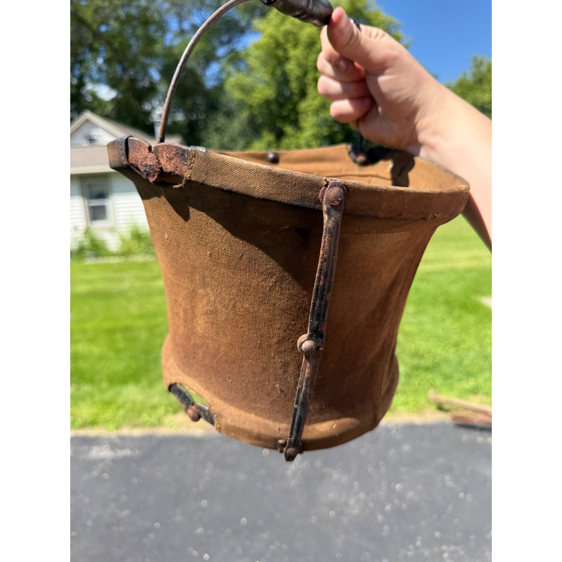 Early Antique Primitive Canvas Horse Water Bucket Pail w/ Bail Wood Handle
