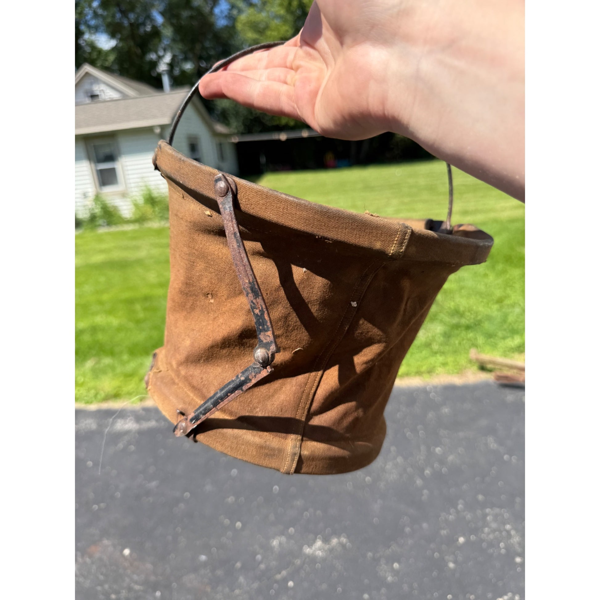 Early Antique Primitive Canvas Horse Water Bucket Pail w/ Bail Wood Handle