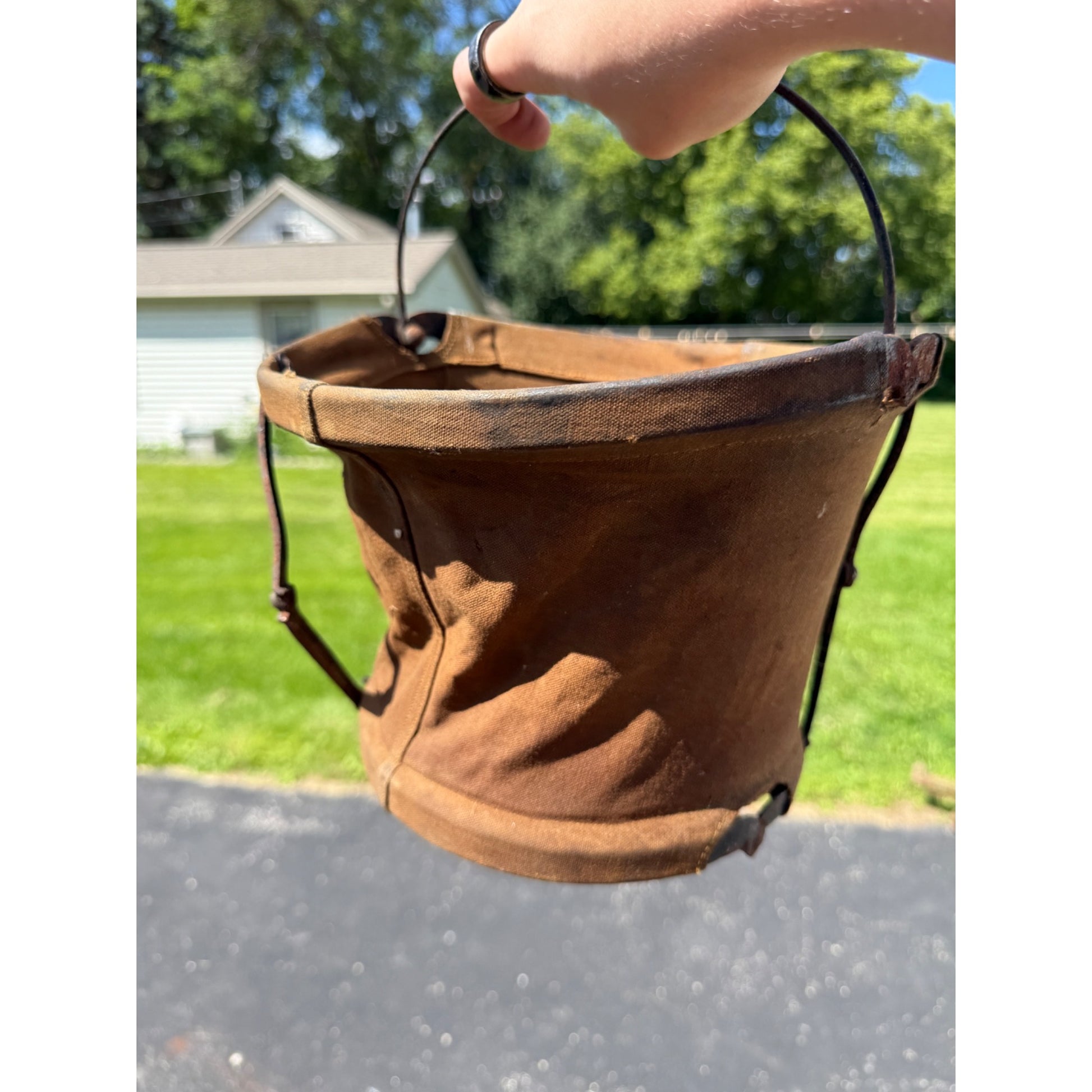 Early Antique Primitive Canvas Horse Water Bucket Pail w/ Bail Wood Handle