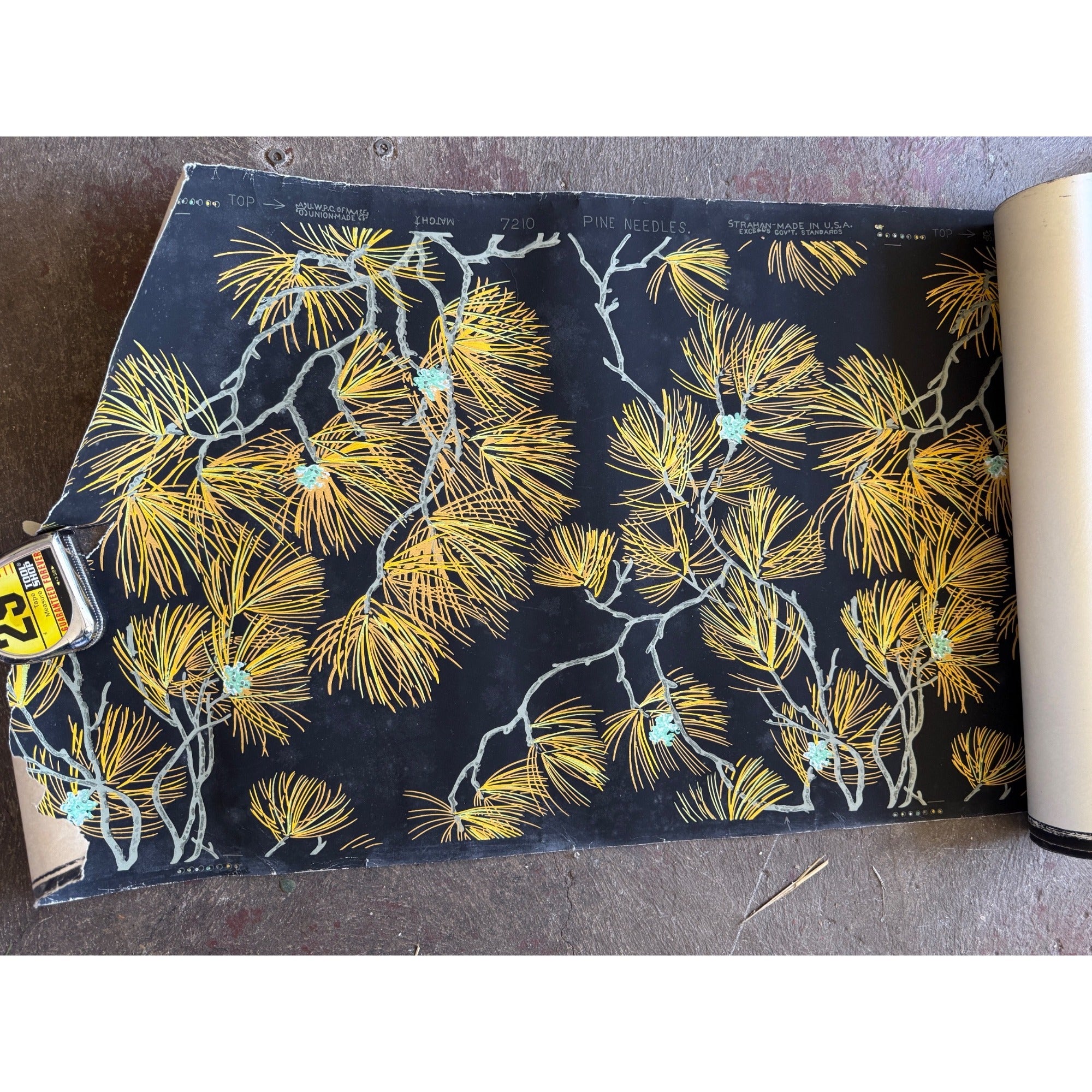 Vintage Pine Needles Black Wallpaper Roll For Crafting Black & Gold