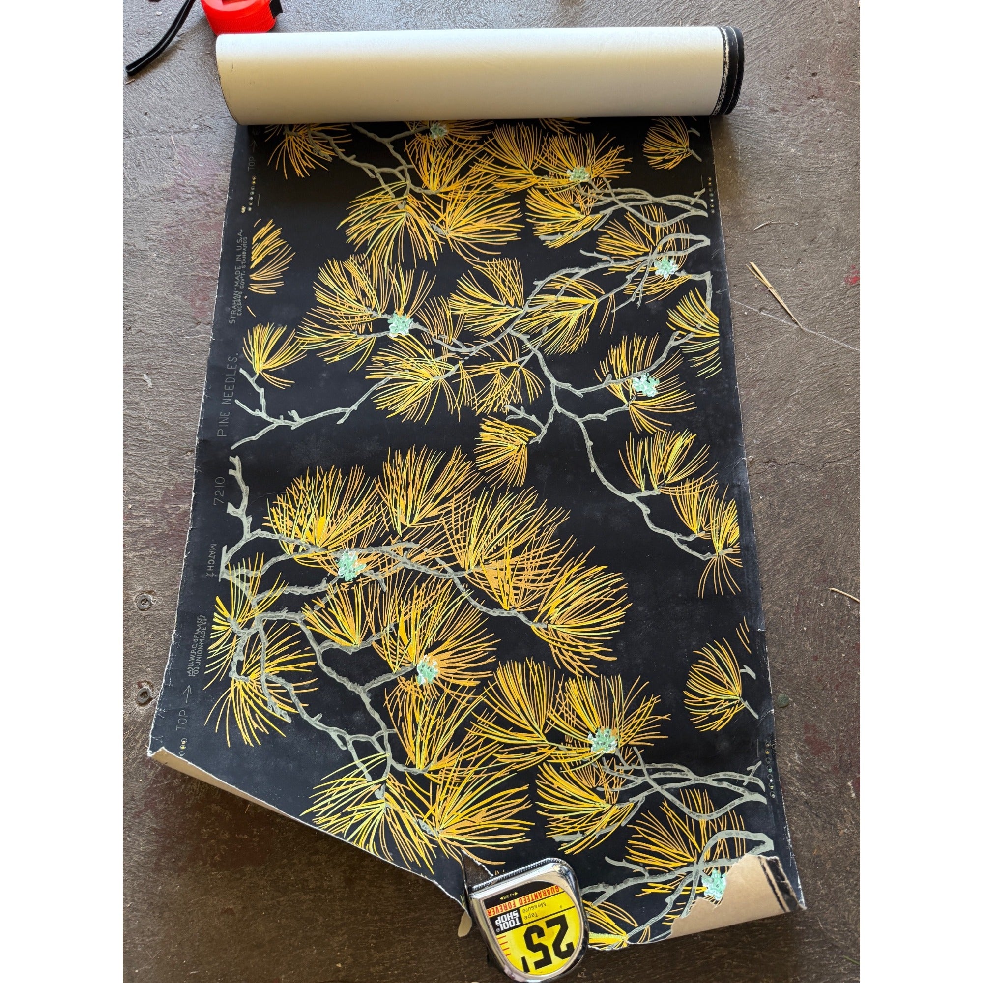 Vintage Pine Needles Black Wallpaper Roll For Crafting Black & Gold