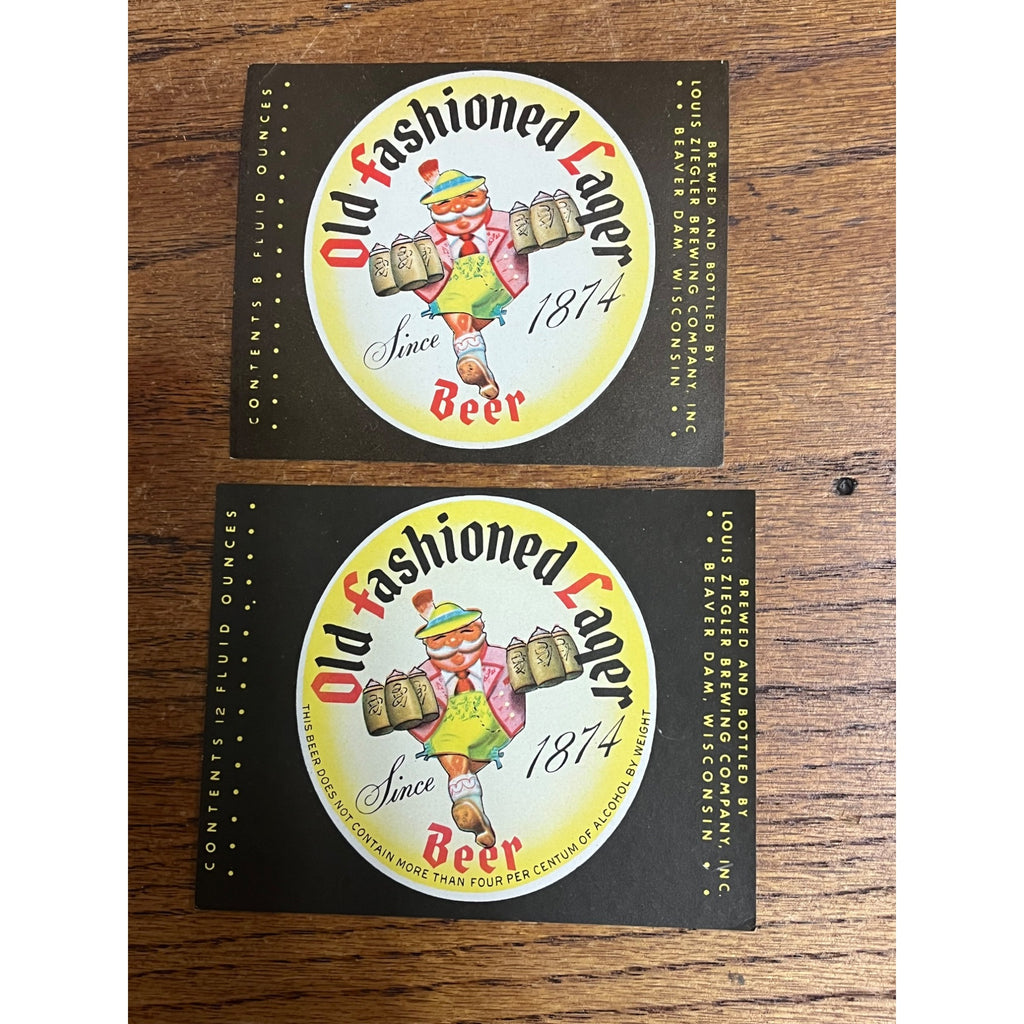 Louis Ziegler Old Fashioned Lager Beer Bottle Labels 8oz & 12oz Beaver Dam Wis