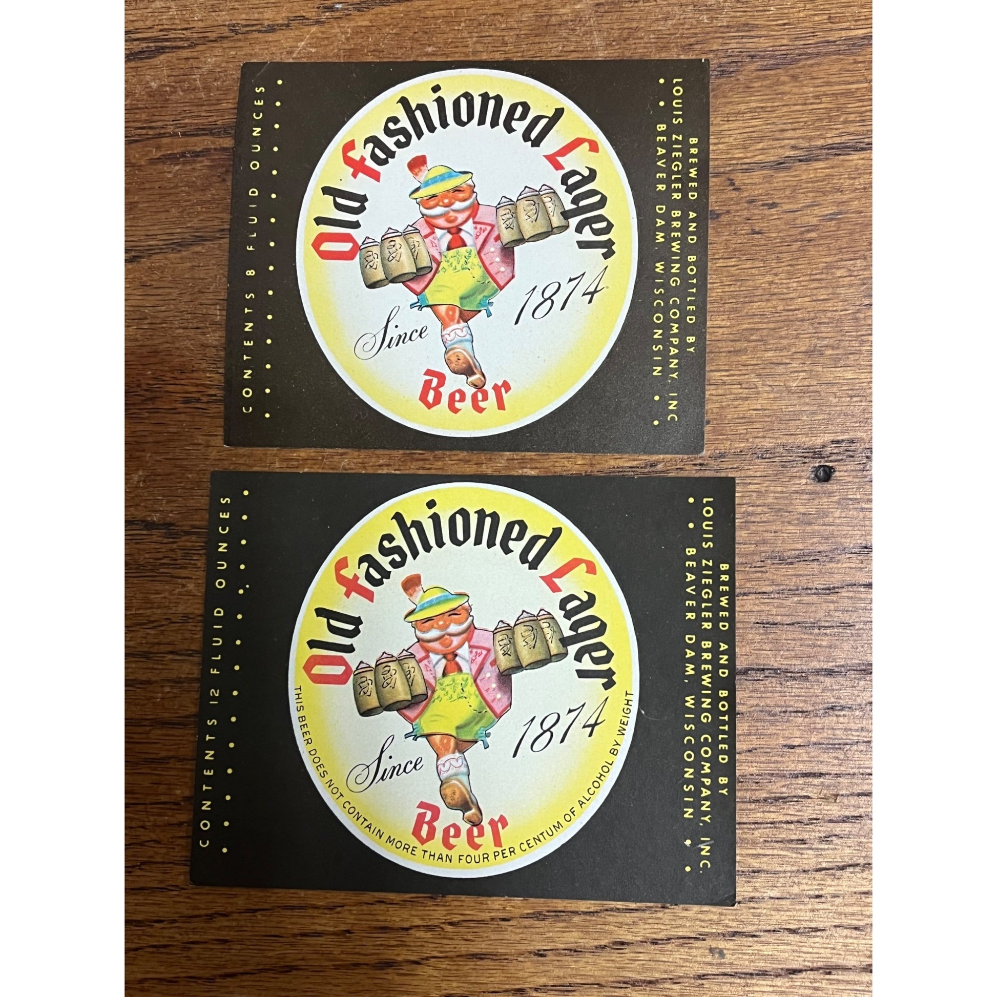 Louis Ziegler Old Fashioned Lager Beer Bottle Labels 8oz & 12oz Beaver Dam Wis