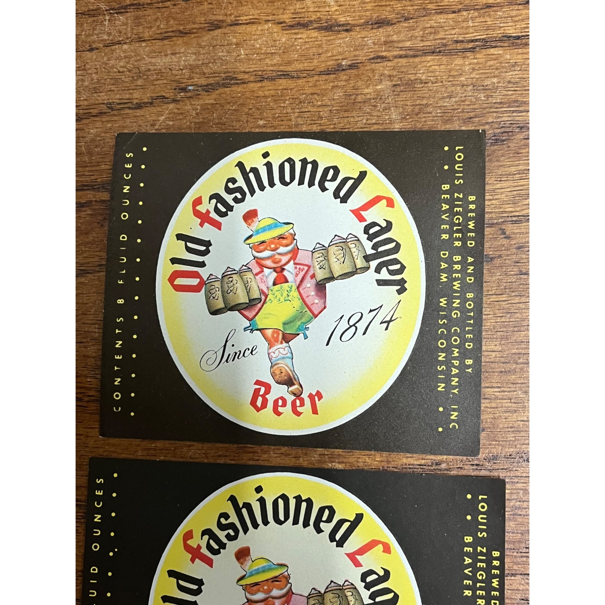 Louis Ziegler Old Fashioned Lager Beer Bottle Labels 8oz & 12oz Beaver Dam Wis