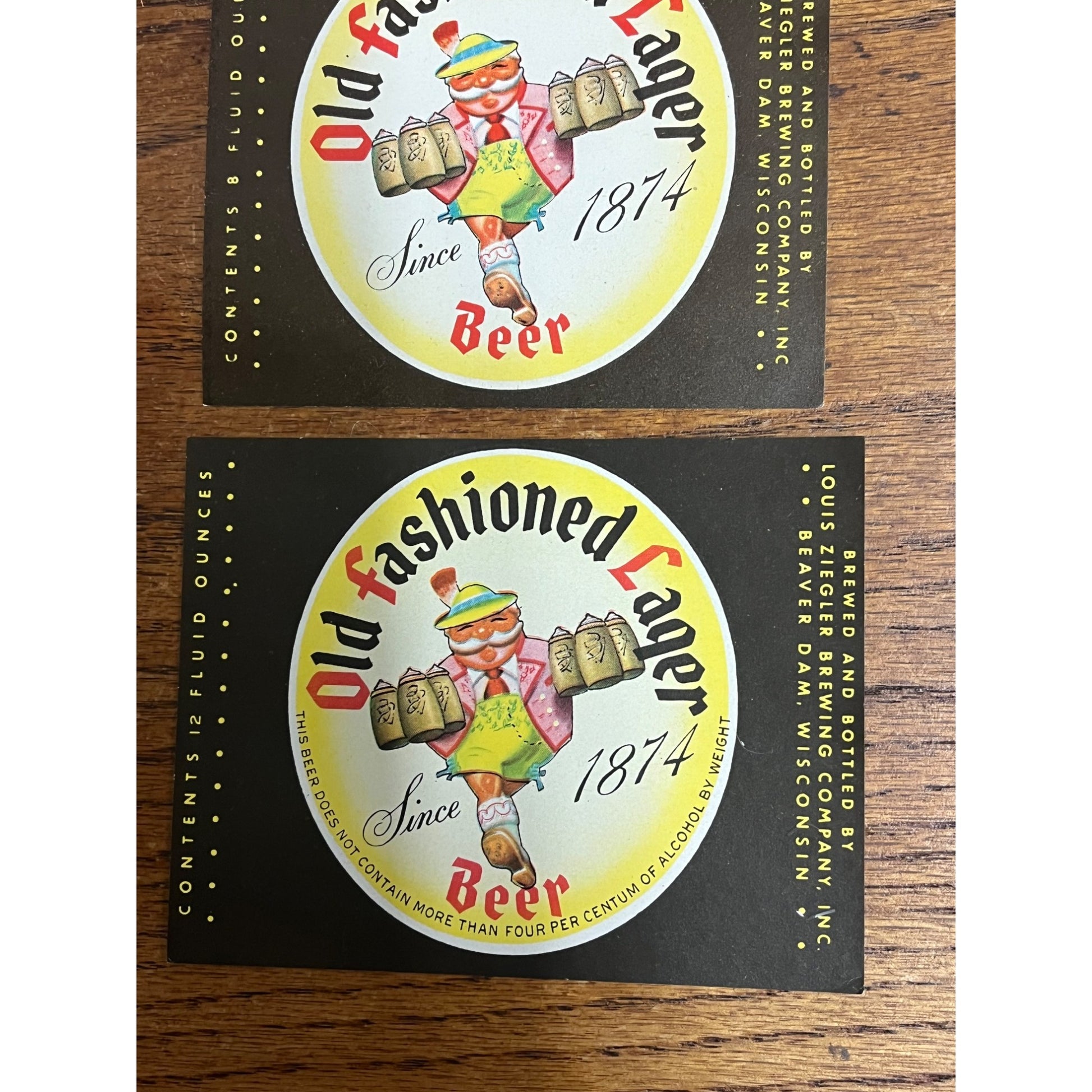 Louis Ziegler Old Fashioned Lager Beer Bottle Labels 8oz & 12oz Beaver Dam Wis