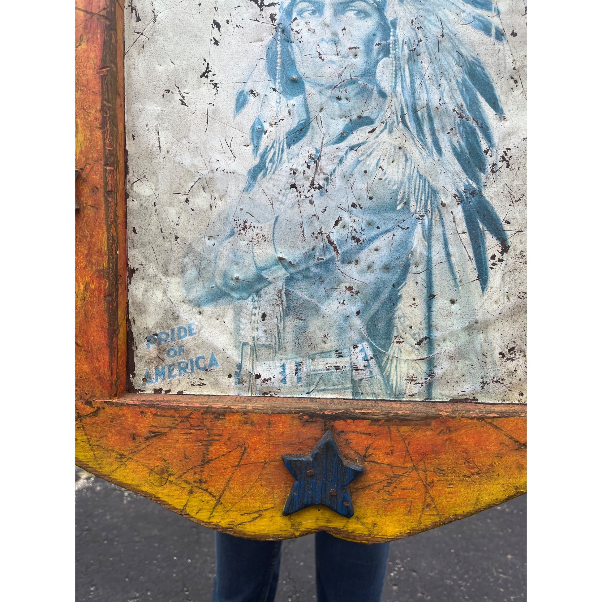 Antique Handmade Americana Folk Art Frame w/ Mail Pouch Indian Tin Sign Tobacco