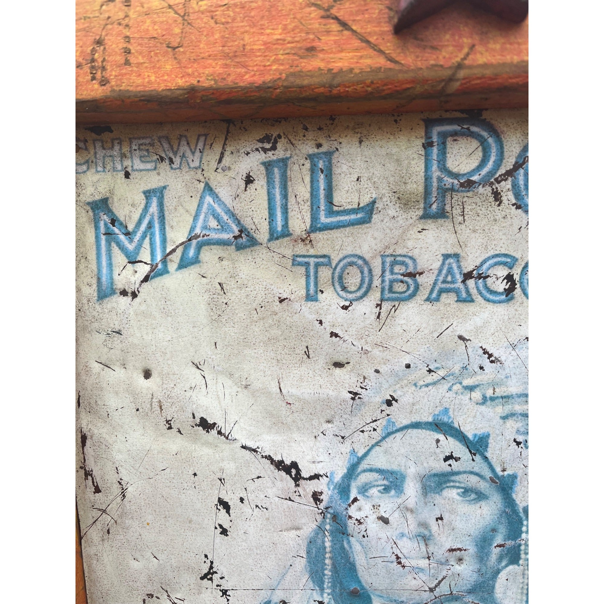 Antique Handmade Americana Folk Art Frame w/ Mail Pouch Indian Tin Sign Tobacco