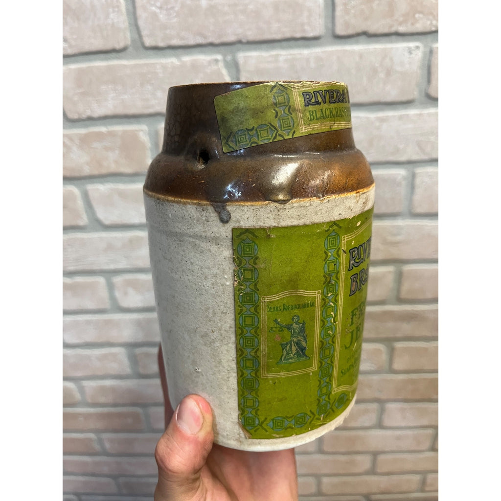 Antique Sears Roebuck Rivera Brand Jelly Jam Stoneware Crock Advertising Primitive Farmhouse
