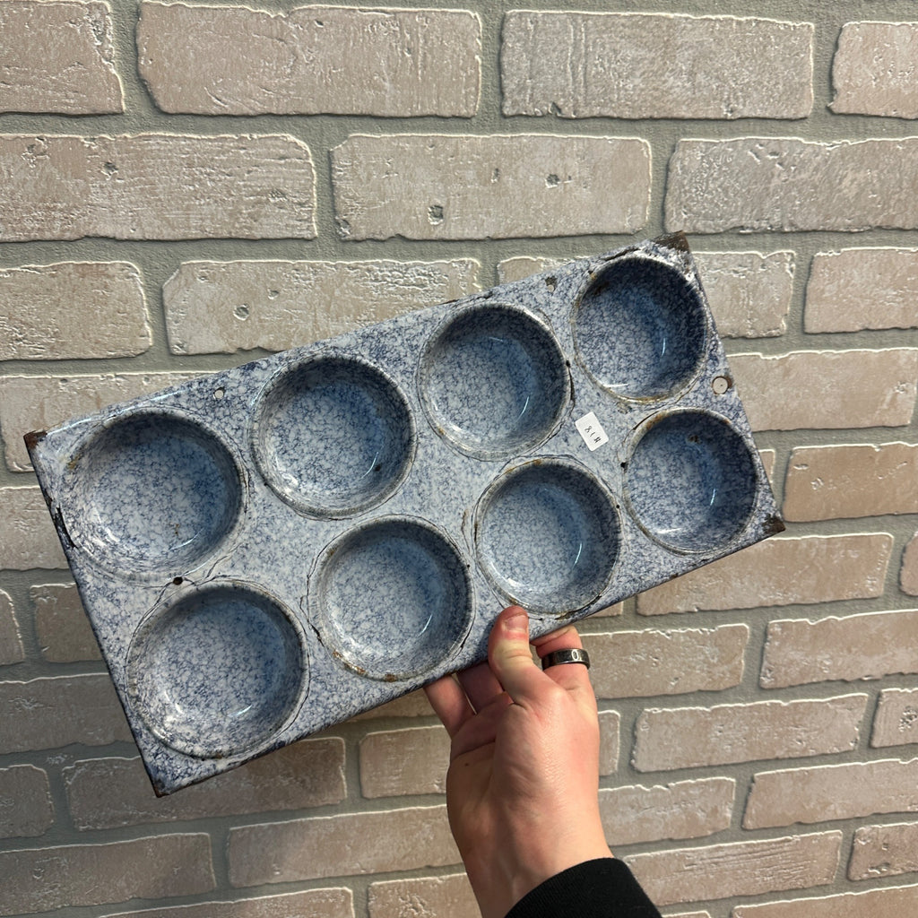 Vintage Gray Blue Enamelware Enamel Muffin Tin Pan Primitive Farmhouse