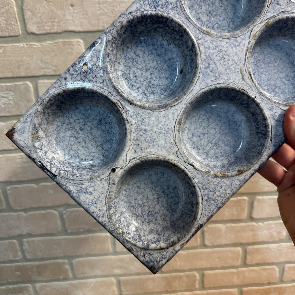 Vintage Gray Blue Enamelware Enamel Muffin Tin Pan Primitive Farmhouse