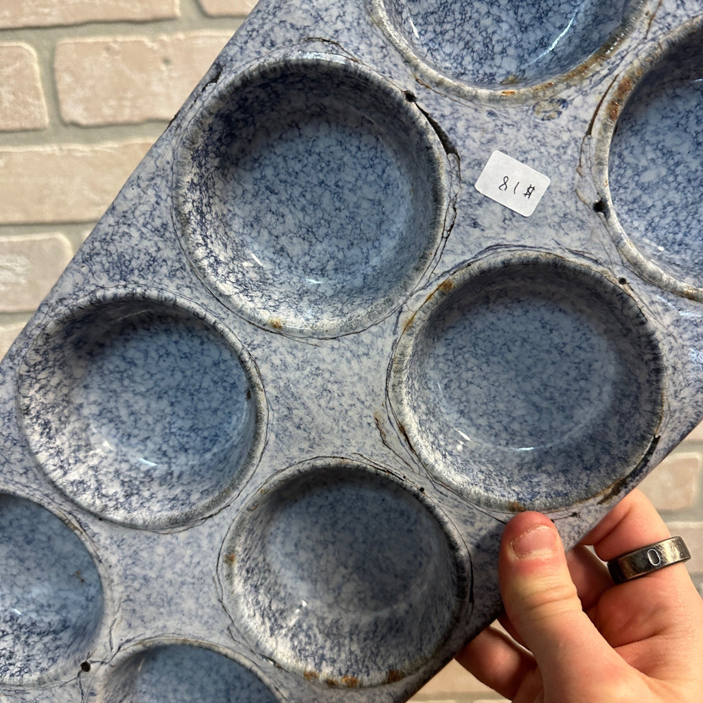 Vintage Gray Blue Enamelware Enamel Muffin Tin Pan Primitive Farmhouse
