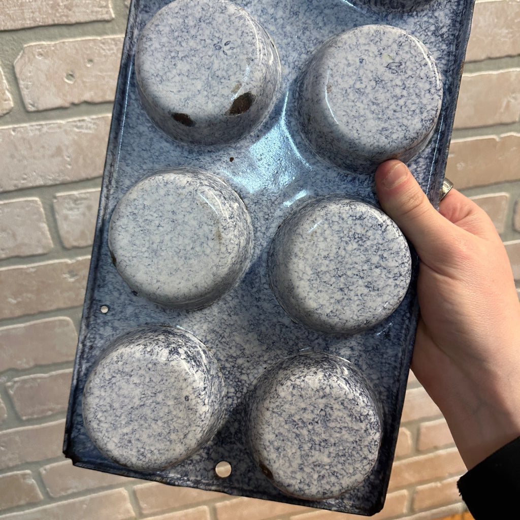 Vintage Gray Blue Enamelware Enamel Muffin Tin Pan Primitive Farmhouse