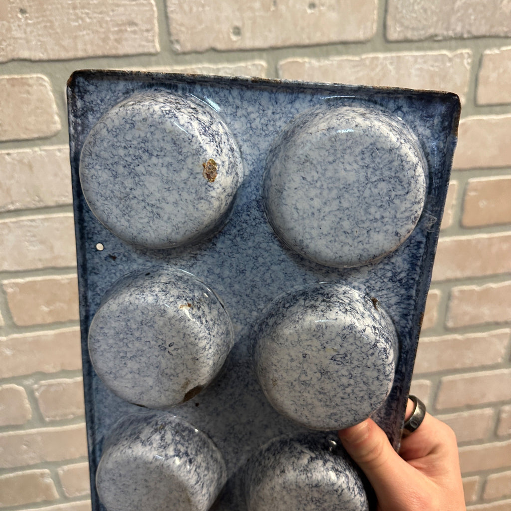 Vintage Gray Blue Enamelware Enamel Muffin Tin Pan Primitive Farmhouse