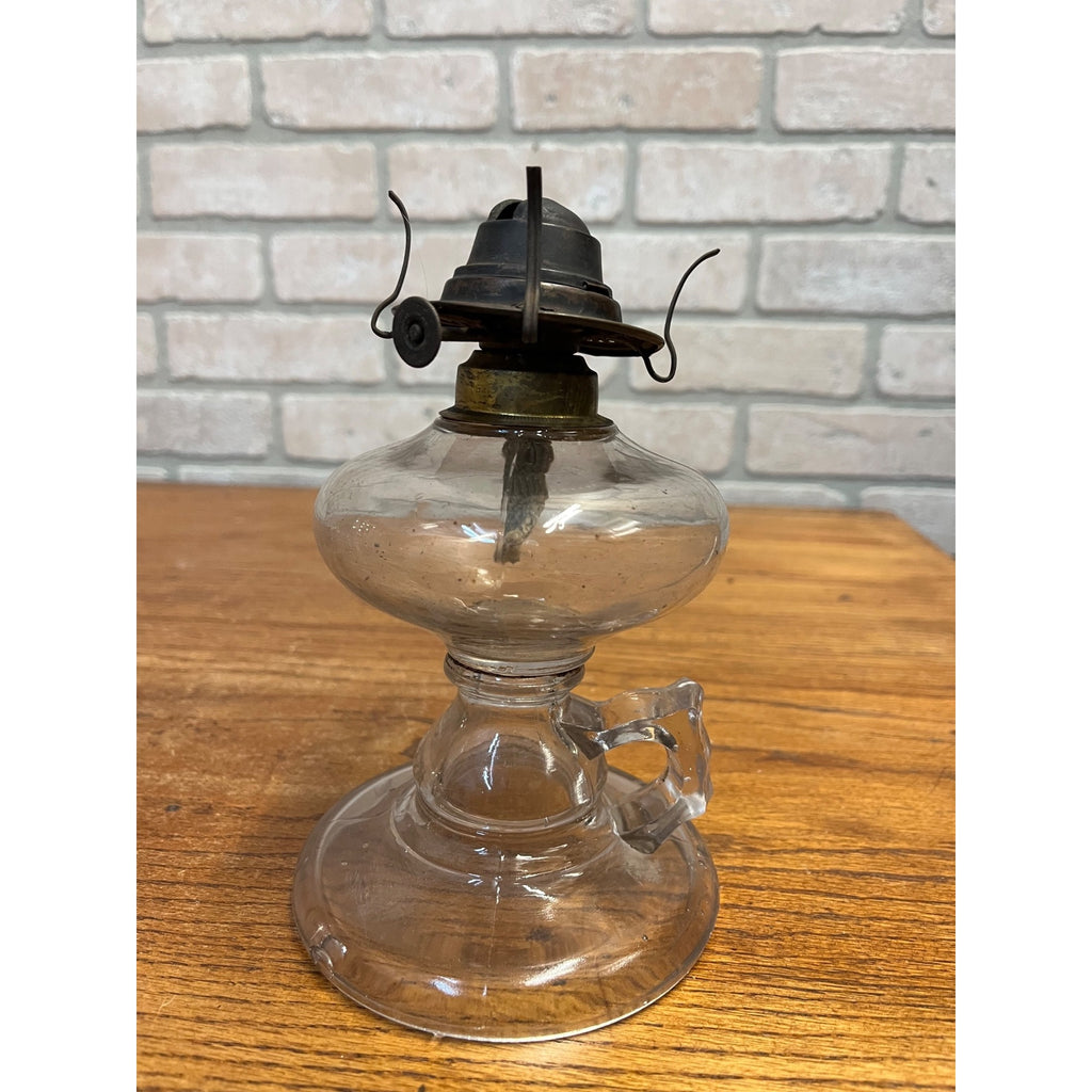 Antique Victorian Clear Glass Finger Oil Lamp Kerosene Lamp w Brass Burner 7"