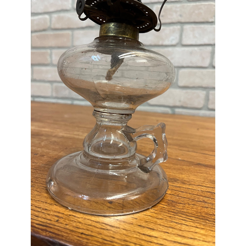 Antique Victorian Clear Glass Finger Oil Lamp Kerosene Lamp w Brass Burner 7"