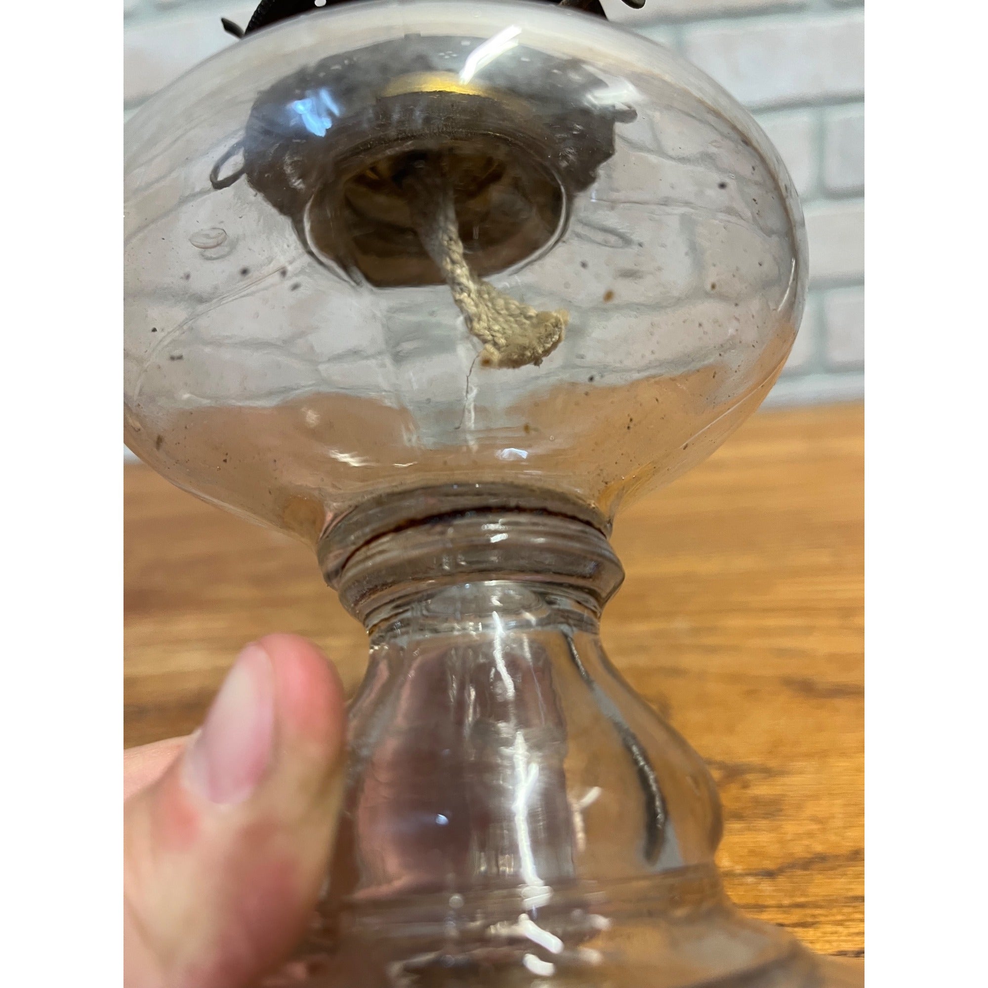Antique Victorian Clear Glass Finger Oil Lamp Kerosene Lamp w Brass Burner 7"
