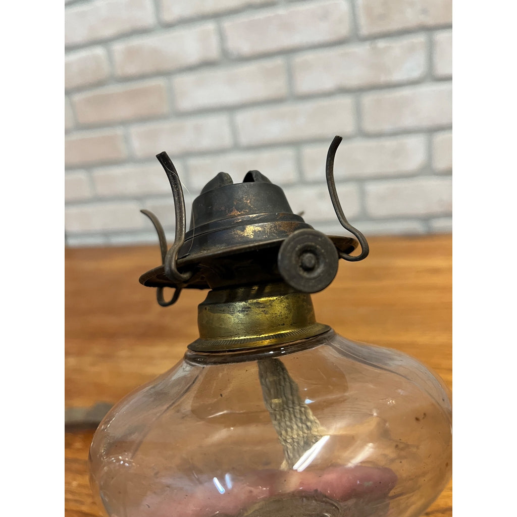Antique Victorian Clear Glass Finger Oil Lamp Kerosene Lamp w Brass Burner 7"