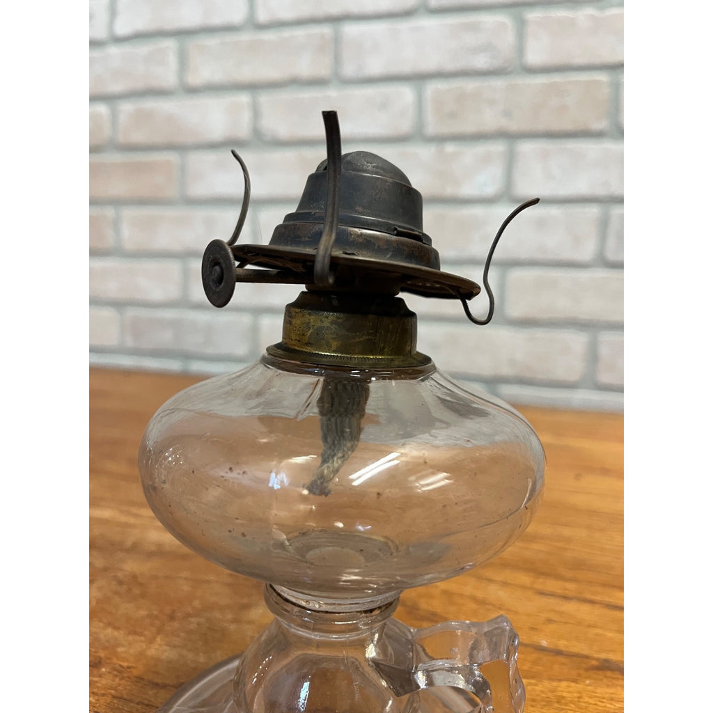 Antique Victorian Clear Glass Finger Oil Lamp Kerosene Lamp w Brass Burner 7"