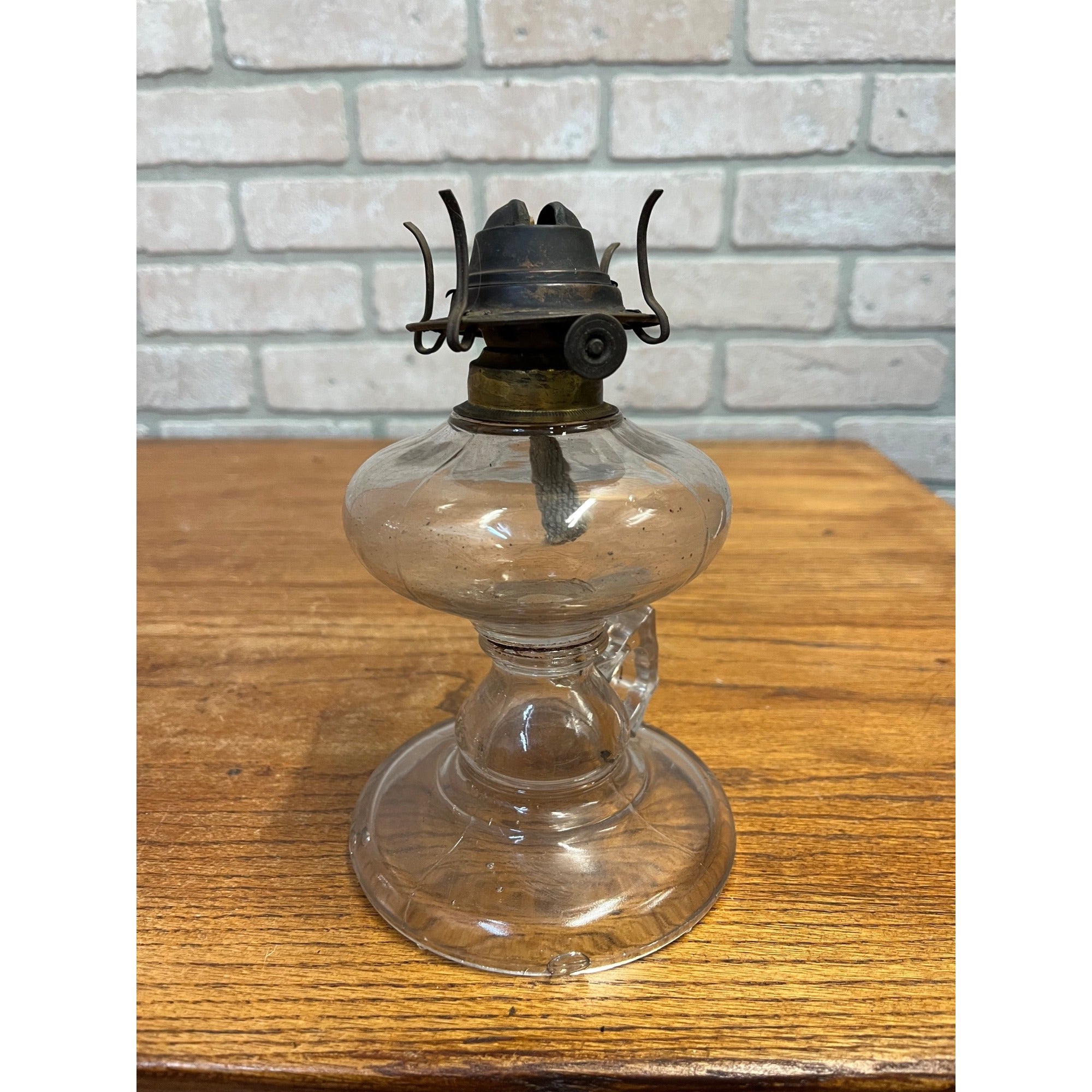 Antique Victorian Clear Glass Finger Oil Lamp Kerosene Lamp w Brass Burner 7"