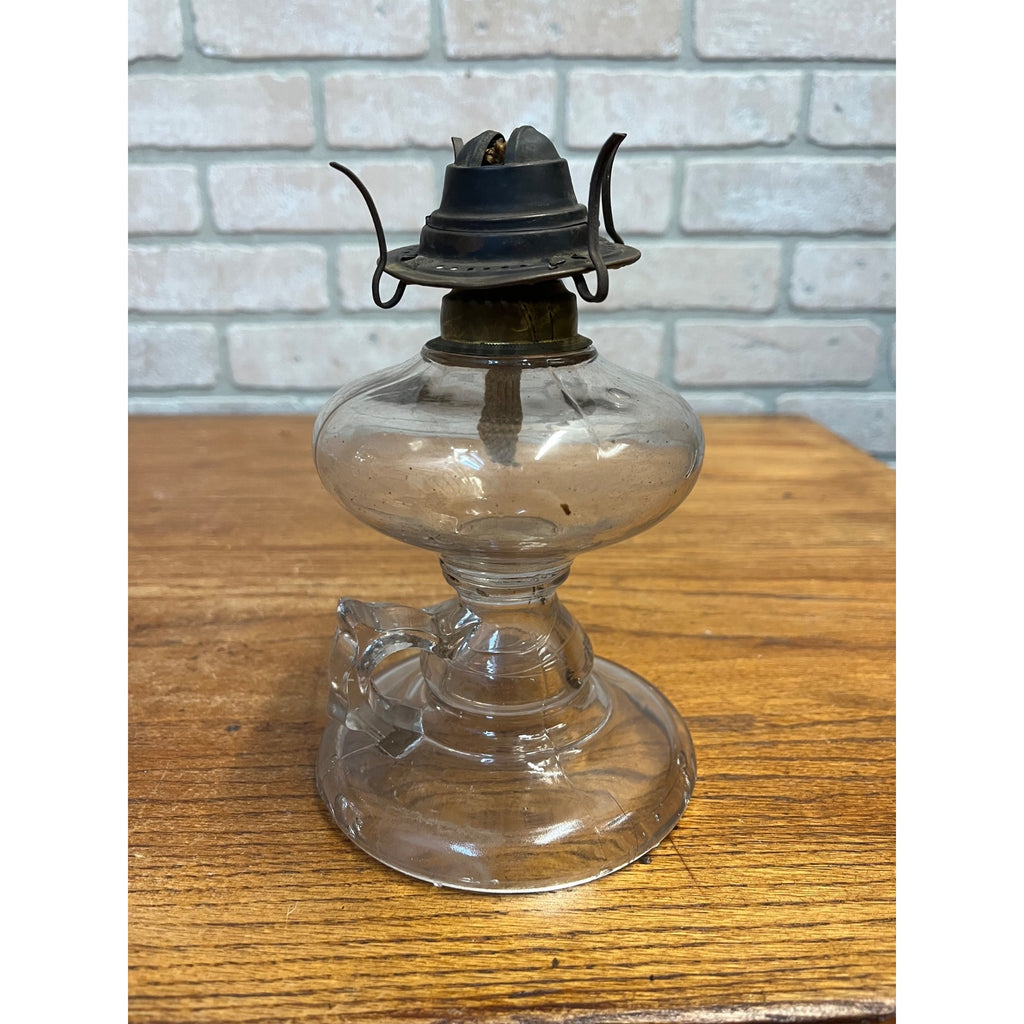 Antique Victorian Clear Glass Finger Oil Lamp Kerosene Lamp w Brass Burner 7"