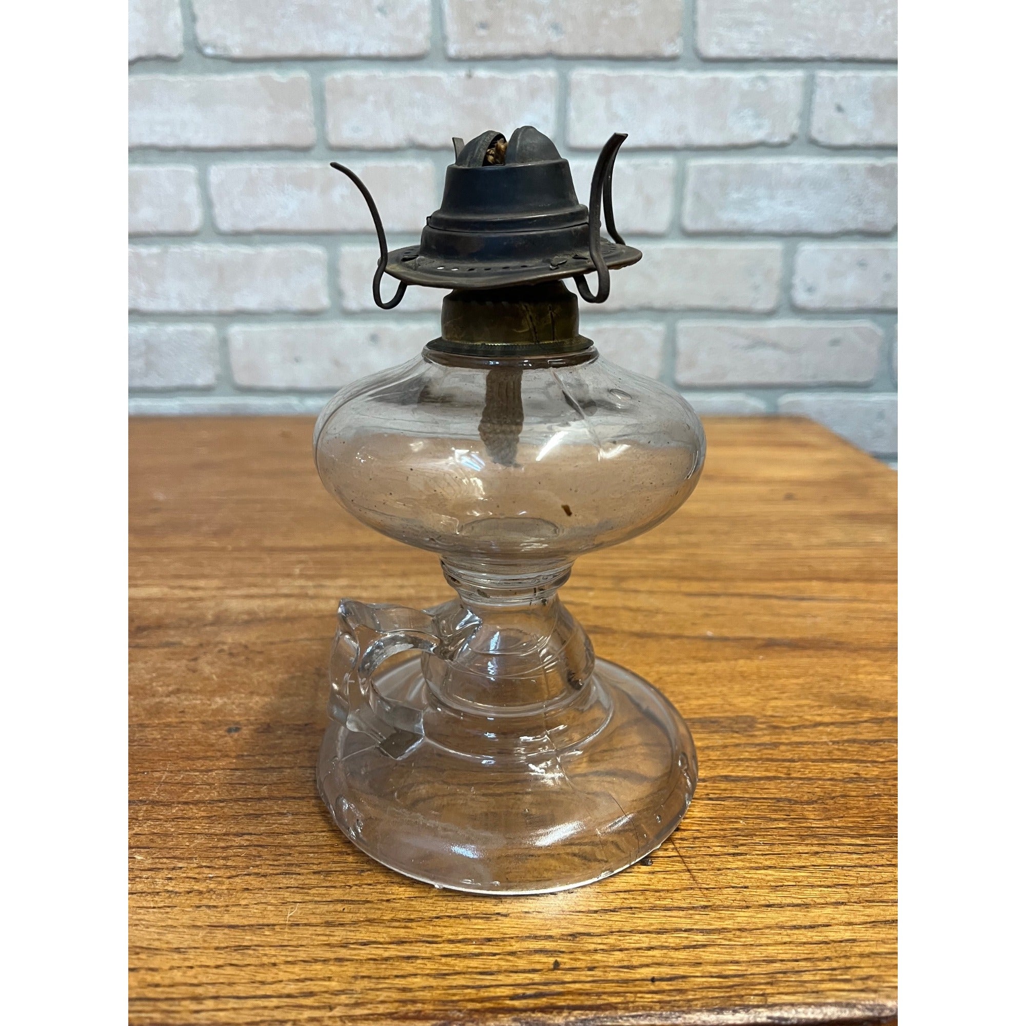 Antique Victorian Clear Glass Finger Oil Lamp Kerosene Lamp w Brass Burner 7"