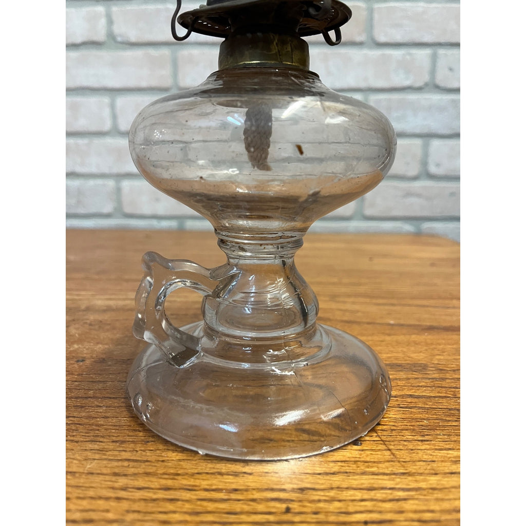 Antique Victorian Clear Glass Finger Oil Lamp Kerosene Lamp w Brass Burner 7"