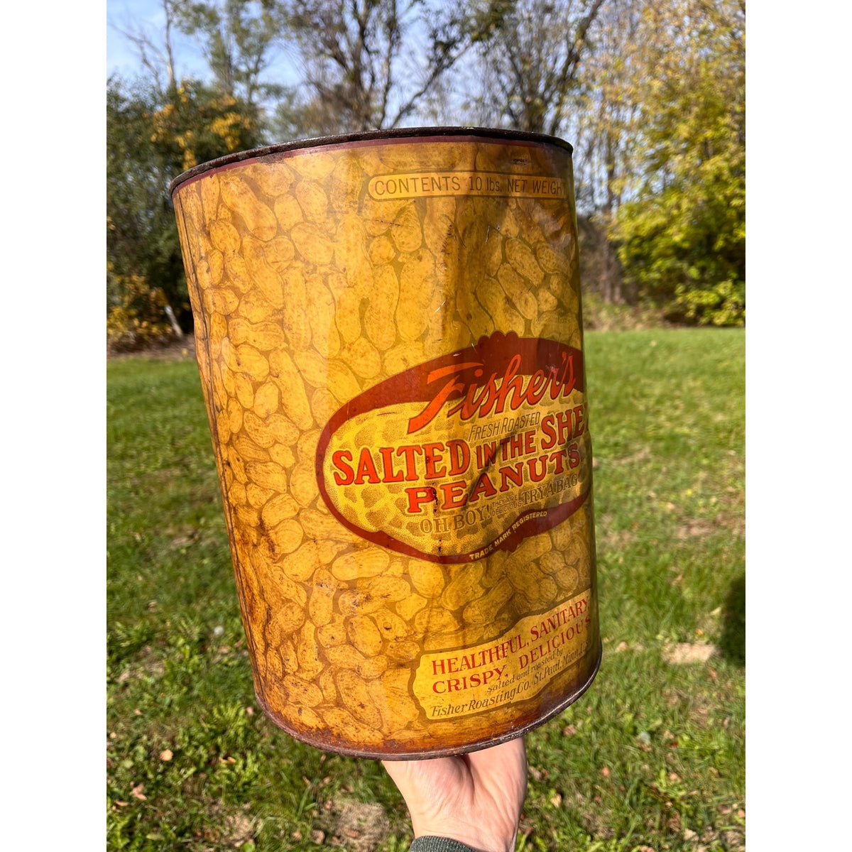 Vintage 1930s Fisher's Salted Peanuts Large 10lb Advertising Tin Can St Paul MN