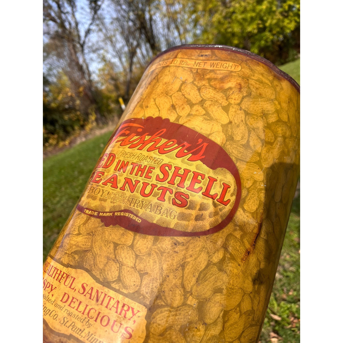 Vintage 1930s Fisher's Salted Peanuts Large 10lb Advertising Tin Can St Paul MN