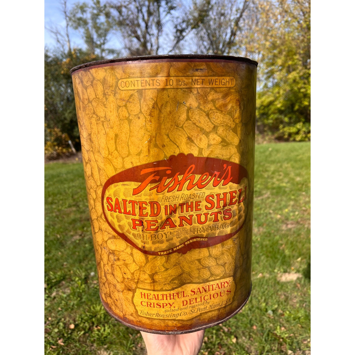 Vintage 1930s Fisher's Salted Peanuts Large 10lb Advertising Tin Can St Paul MN