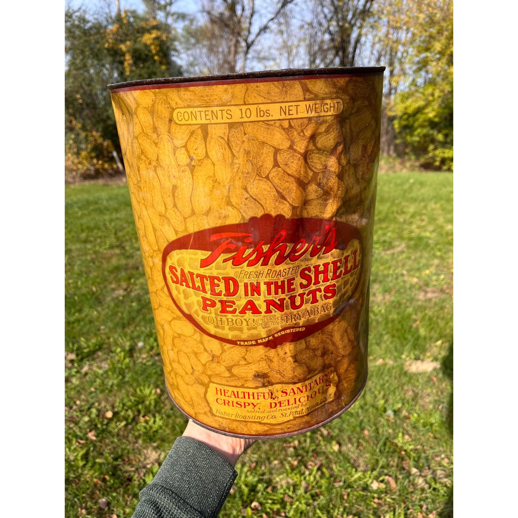 Vintage 1930s Fisher's Salted Peanuts Large 10lb Advertising Tin Can St Paul MN
