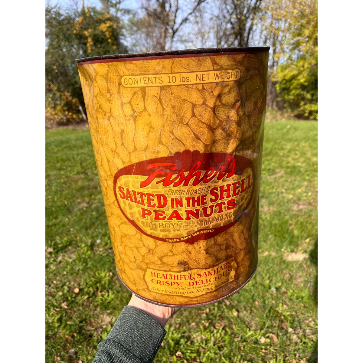 Vintage 1930s Fisher's Salted Peanuts Large 10lb Advertising Tin Can St Paul MN